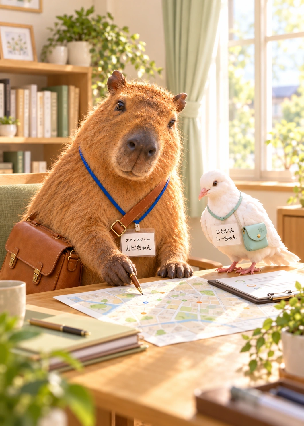 明るい相談室で地図と訪問資料を確認するカピちゃんとしーちゃん