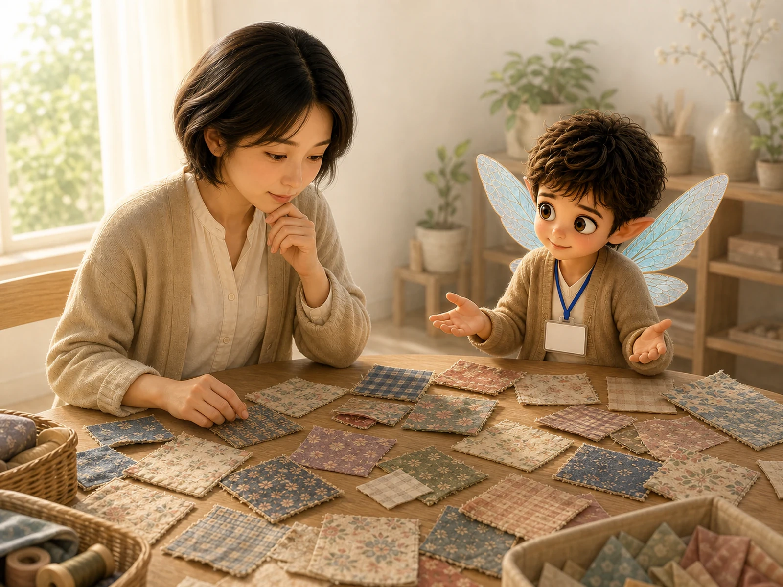 色も形も揃わない布片を整えすぎず、そのまま一緒に見つめる家族とさばくん