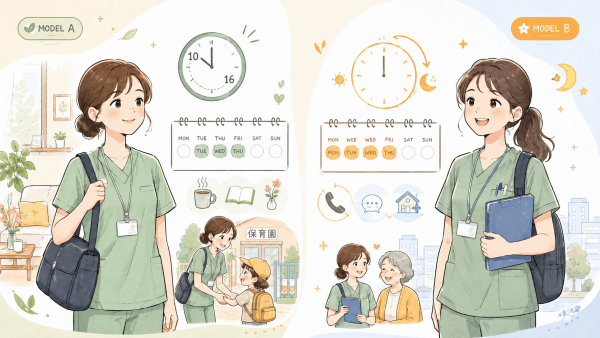 訪問看護で生活と両立して働く看護師と、しっかり働き役割を担う看護師の働き方イメージ