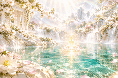 蓮と池の上に姿をみせる神様の画像
