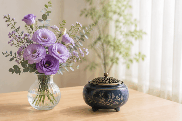 ラベンダー色の花と香炉のあるスピリチュアルカウンセリングのテーブル