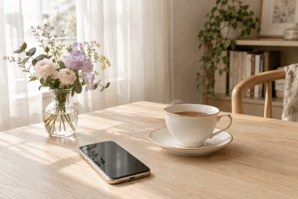 窓辺のテーブルに置かれたスマートフォンとティーカップ、淡い色のお花